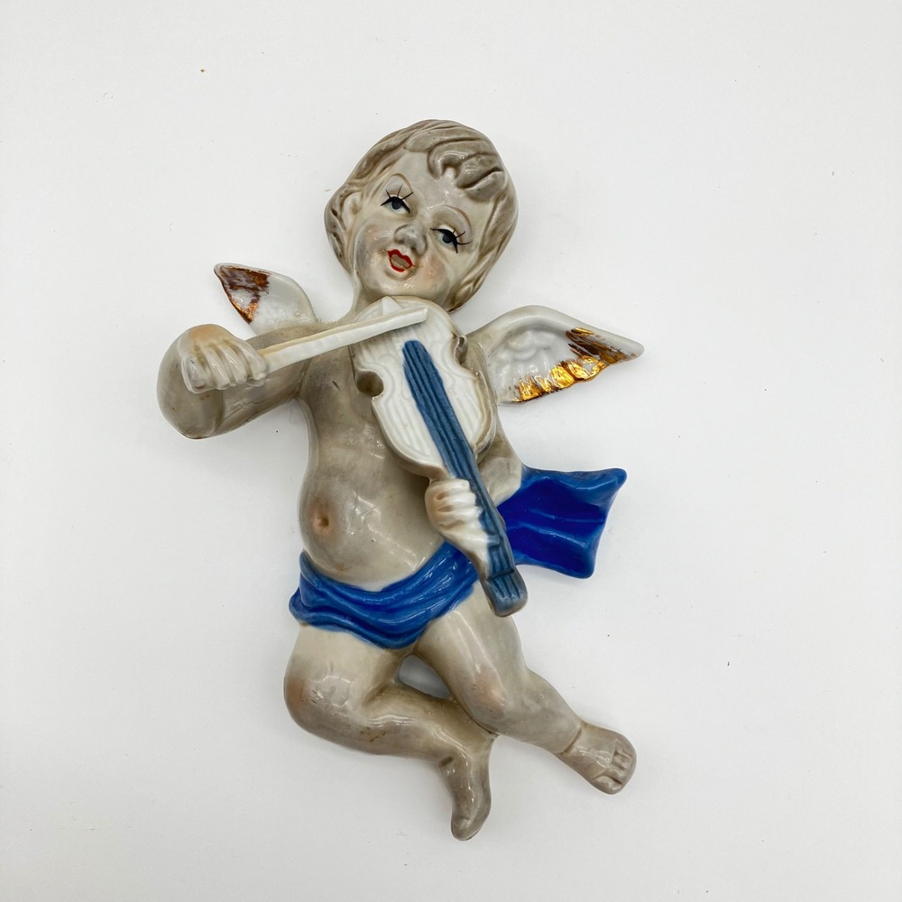 Vintage Goebel Hummel Ceramic Flying Cherub Wall Plaque Angel Violin AS IS - Picture 7 of 15